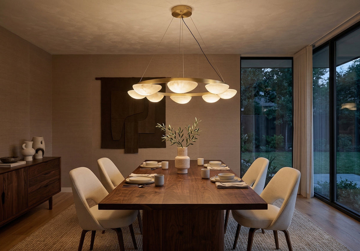Ring chandelier above a dining table